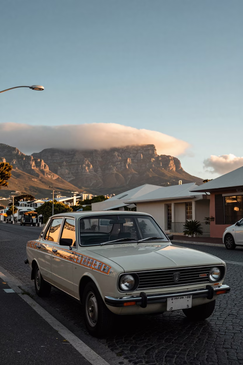 Cape Town Golden Hour Street Scene with Vintage Car and Tablecloth in in Cape Town, South Africa
