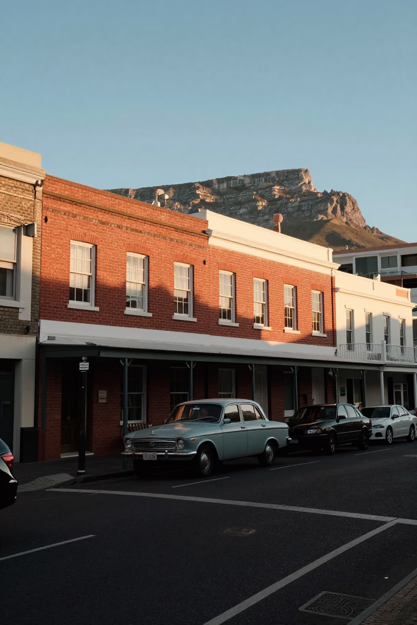 Cape Town Golden Hour Street Scene with Vintage Car and Wine Glass in in Cape Town, South Africa