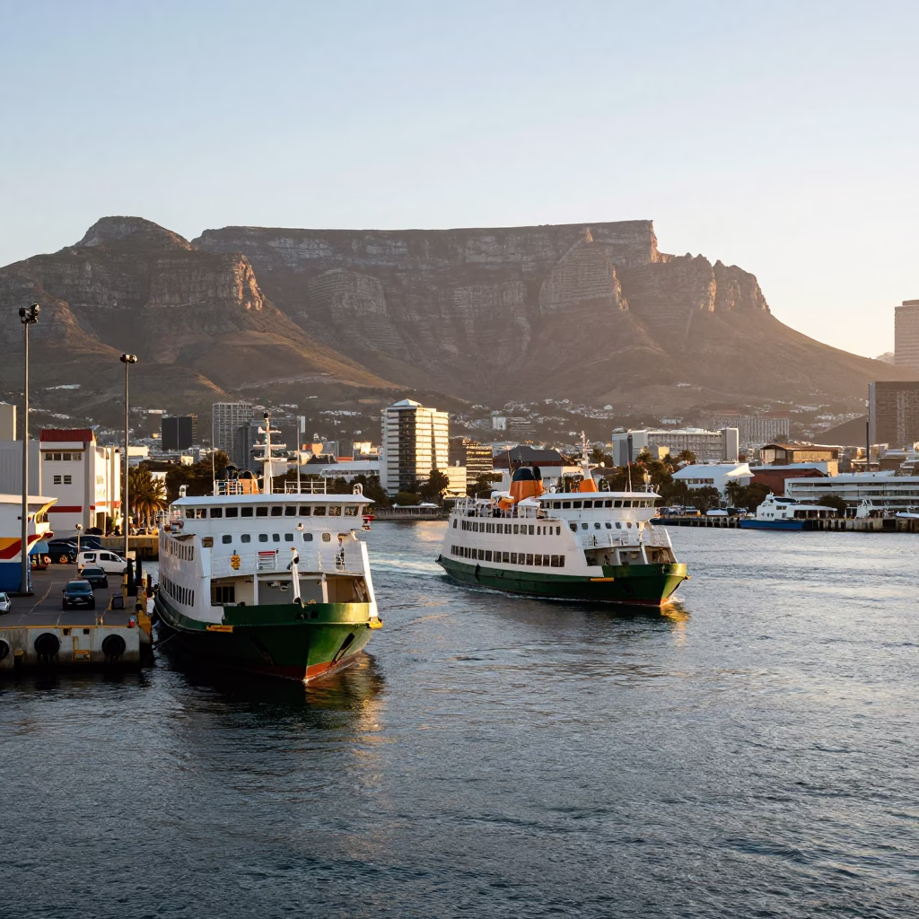 Cape Town Harbor at Dawn with Ferry Departing and Mountain Backdrop in in Cape Town, South Africa