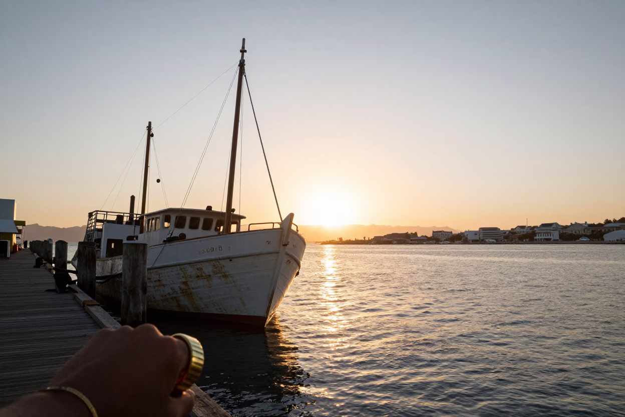 Cape Town Harbor Dusk Junk Boat Golden Hour Reflections in in Cape Town, South Africa