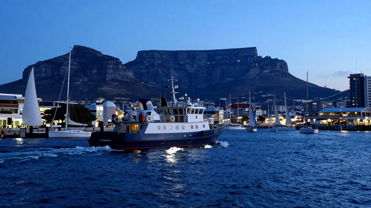 Cape Town Harbor Evening Pilot Boat and Sailboats at Blue Hour in in Cape Town, South Africa