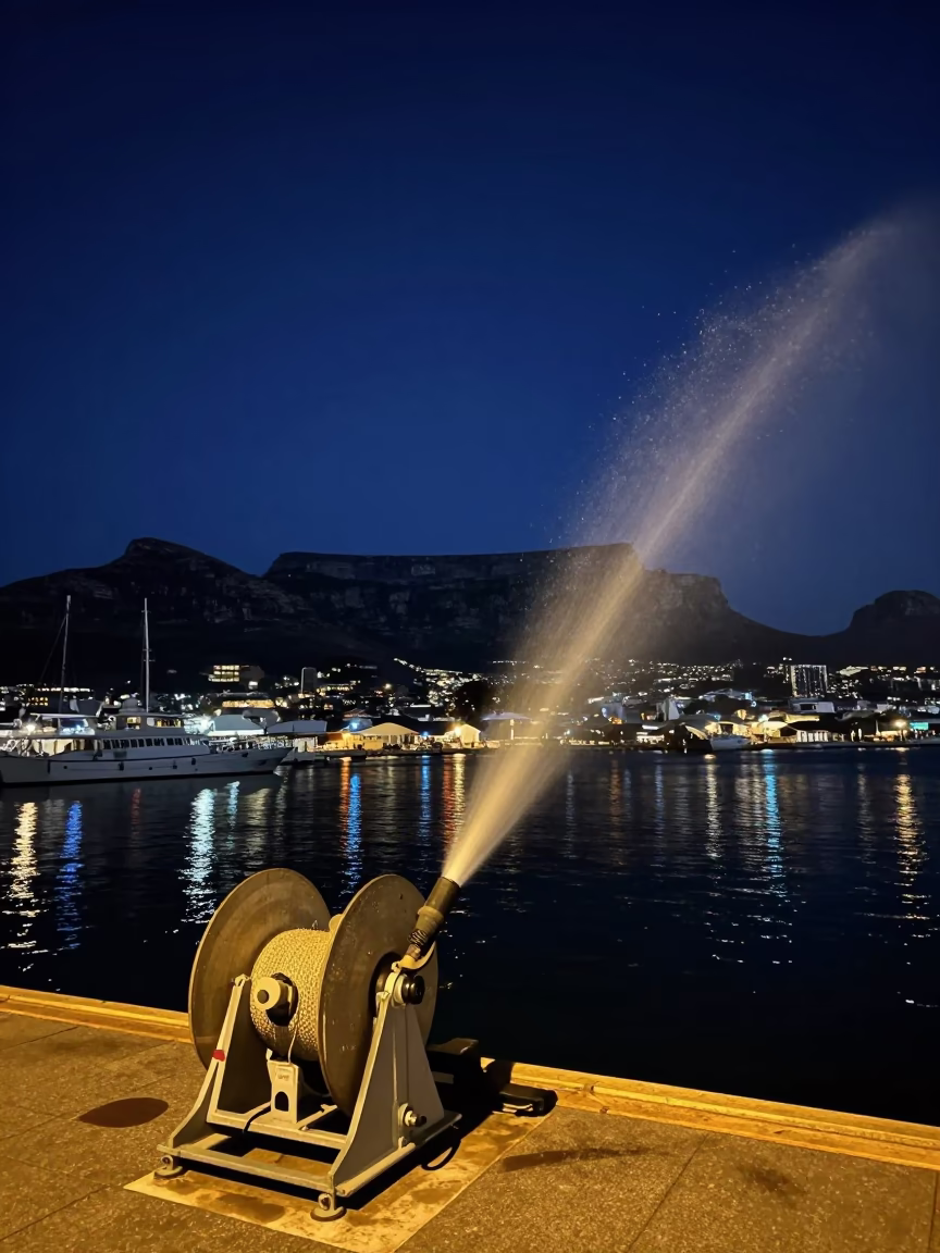 Cape Town Harbor Night Hydrophone Winch Spraying Golden Light Under Deep Sky in in Cape Town, South Africa