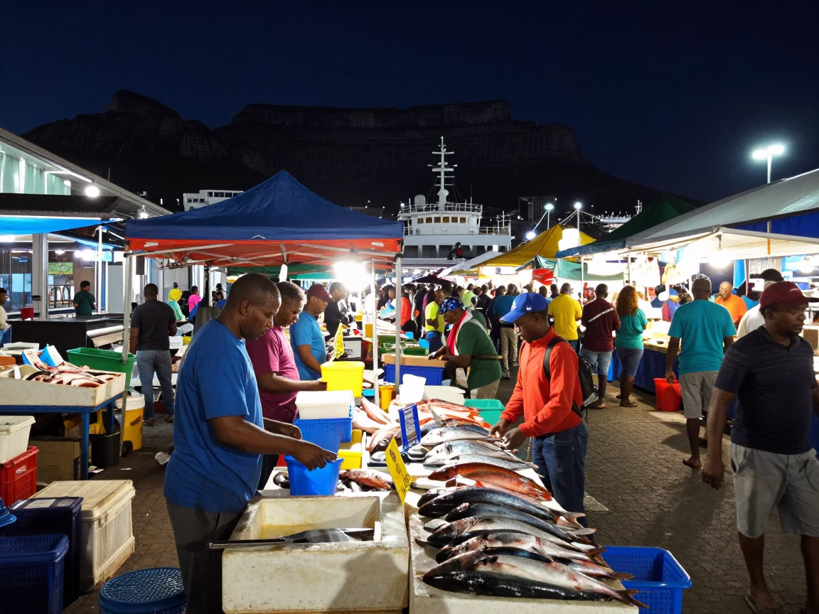 Cape Town Harbor Night Market Fishmonger and Steamship Swell Photography in in Cape Town, South Africa