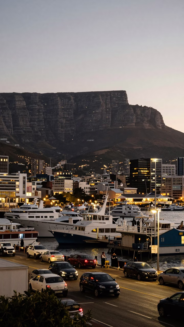 Cape Town Harbor Scene at As City Lights Begin To Glow in in Cape Town, South Africa