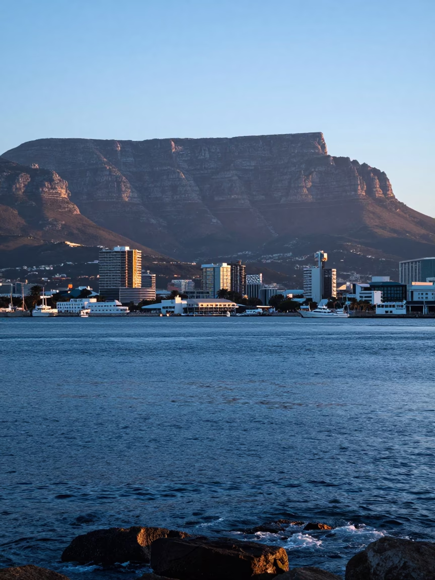 Cape Town Harbor Sunrise View of Table Mountain and Silo District in in Cape Town, South Africa