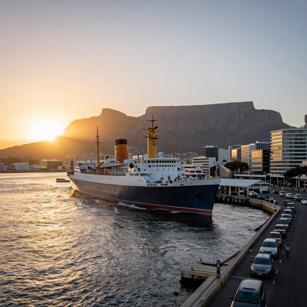 Cape Town Harbor Sunset Steamship Swell and Coastal Street Life in in Cape Town, South Africa