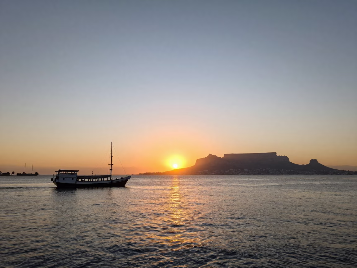 Cape Town Harbor Sunset with Traditional Chinese Junk Boat and Waterfront Activity in in Cape Town, South Africa