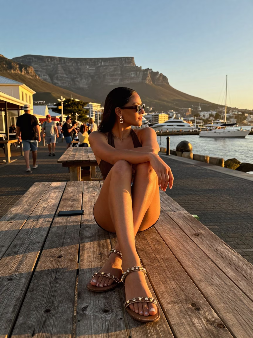 Cape Town Honeyed Evening Light High Fashion Beaded Sandals on Table with Ceramic Bowl in in Cape Town, South Africa