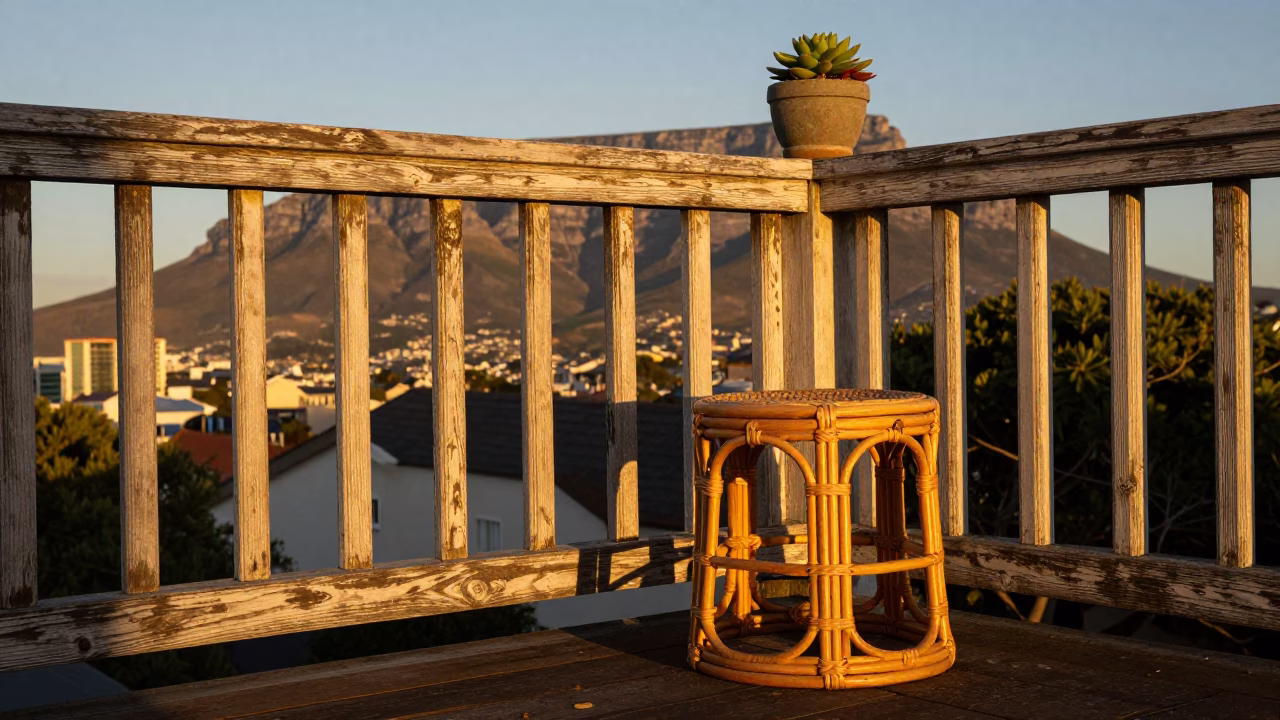 Cape Town Honeyed Evening Light Rattan Stool and Potted Succulents on Balcony in in Cape Town, South Africa