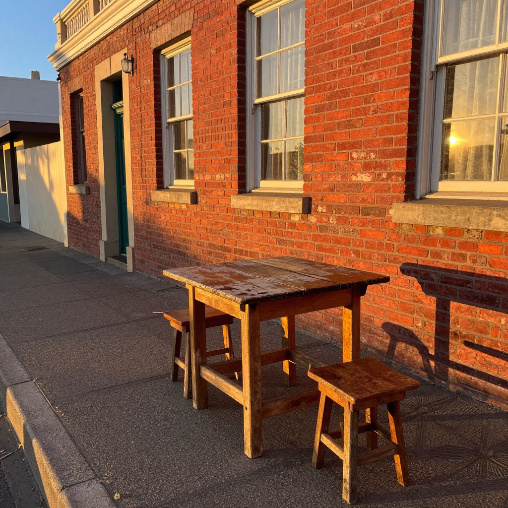 Cape Town Honeyed Evening Street Scene with Vintage Table and Hand Plane in in Cape Town, South Africa
