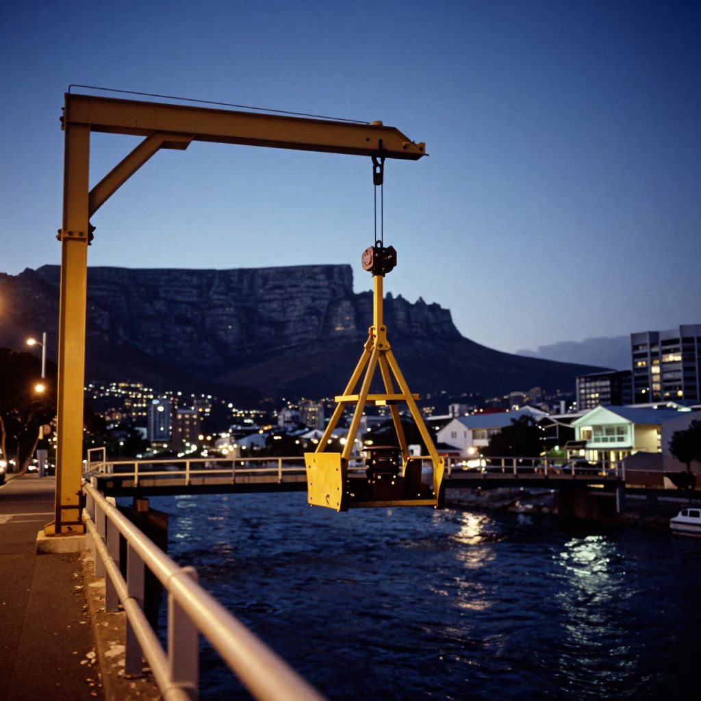 Cape Town indigo twilight street scene with bridge maintenance cradle and raspberries in in Cape Town, South Africa