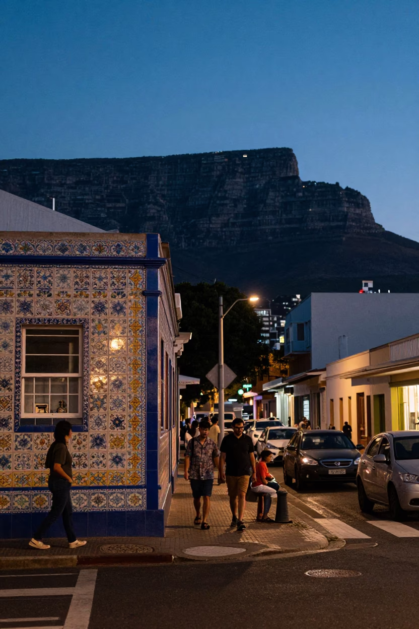 Cape Town Indigo Twilight Street Scene with Ceramic Tiles and Window Light in in Cape Town, South Africa
