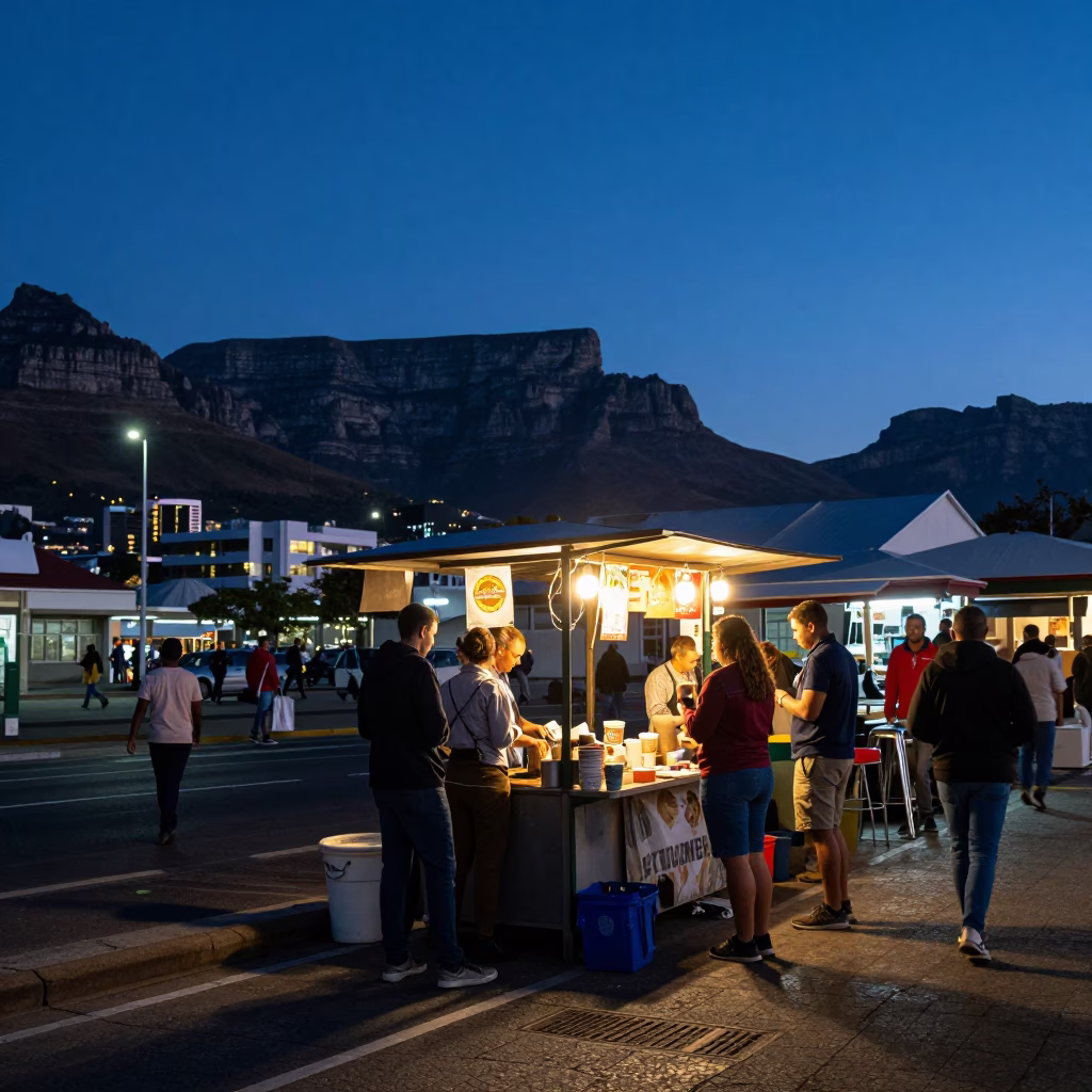 Cape Town Indigo Twilight Street Scene with Coffee Mugs and Sate Skewers in in Cape Town, South Africa