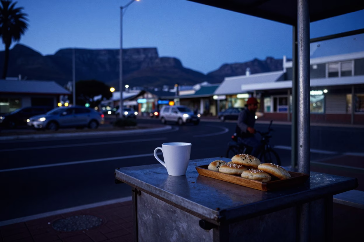 Cape Town indigo twilight street scene with cup and mandazi tray in in Cape Town, South Africa
