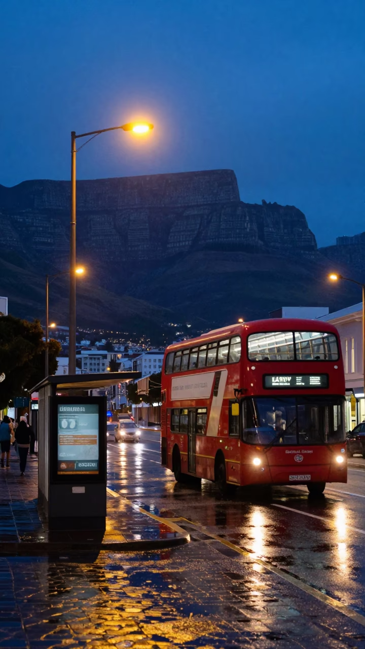 Cape Town indigo twilight street scene with double-decker bus at rainy stop in in Cape Town, South Africa