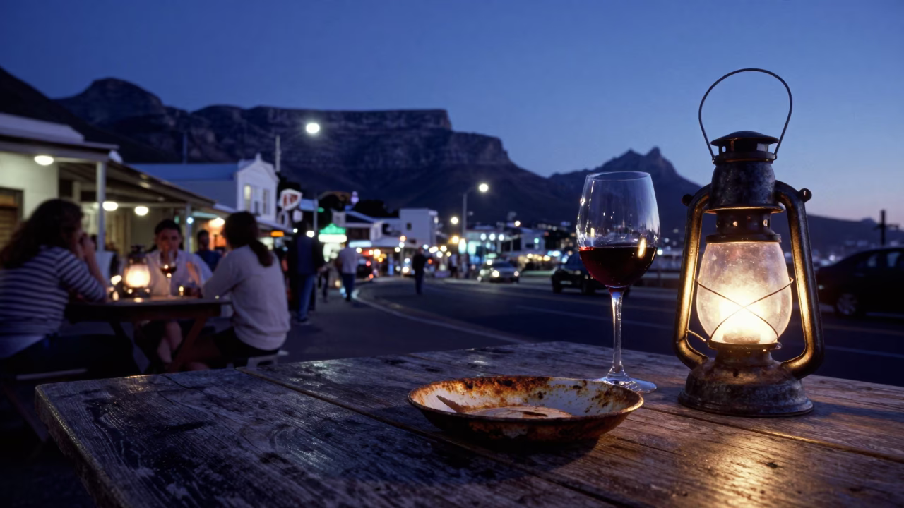 Cape Town indigo twilight street scene with lantern and wine opener on local table in in Cape Town, South Africa
