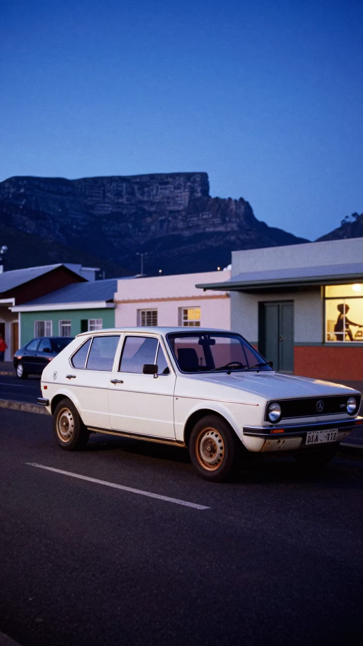 Cape Town Indigo Twilight Street Scene with Neon Reflections and Urban Activity in in Cape Town, South Africa