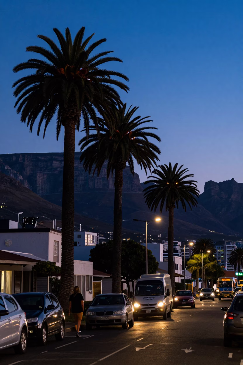 Cape Town Indigo Twilight Street Scene with Palm Trees and Local Life in in Cape Town, South Africa