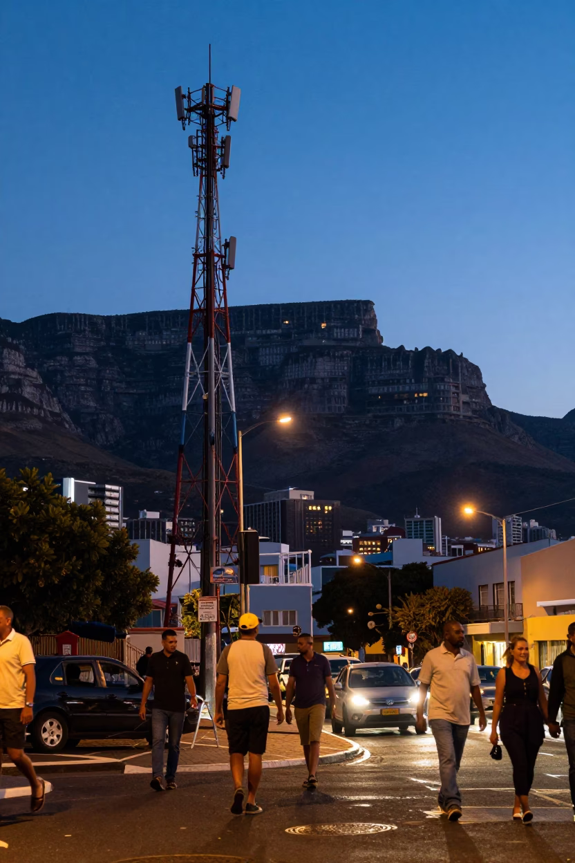 Cape Town indigo twilight street scene with telecommunication mast on rocky summit in in Cape Town, South Africa