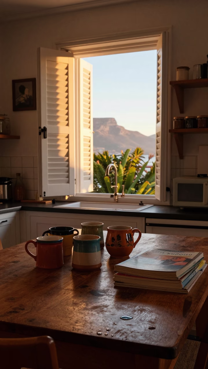 Cape Town Kitchen Evening Light with Ceramic Mugs and Spice Jars in in Cape Town, South Africa