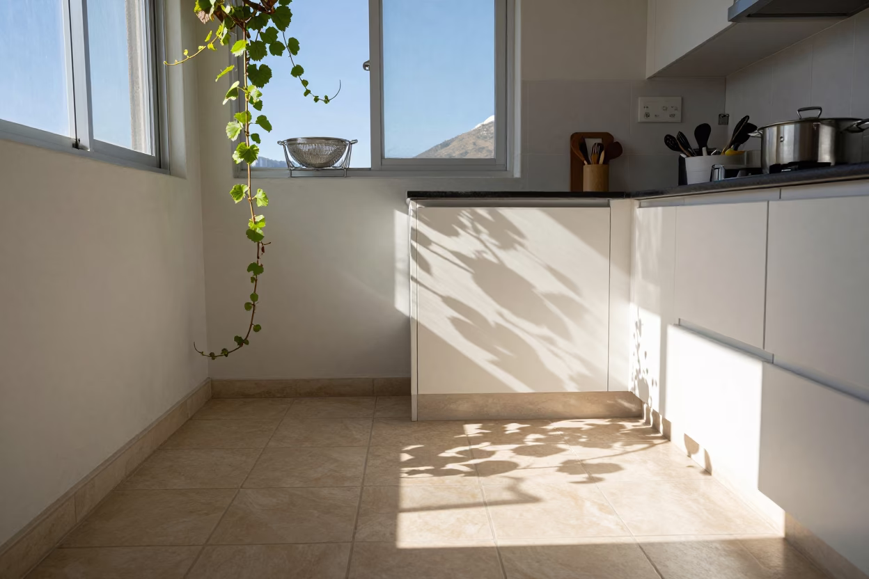 Cape Town Kitchen Scene With Vine Shadows And Utensils in in Cape Town, South Africa