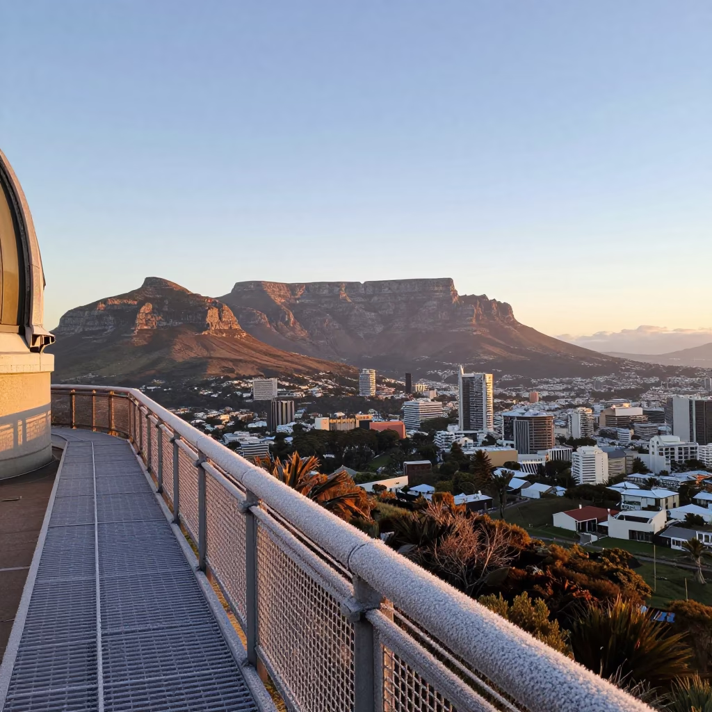 Cape Town Late Afternoon Skyline View from Observatory Catwalk with Pine Trees and Cityscape in in Cape Town, South Africa