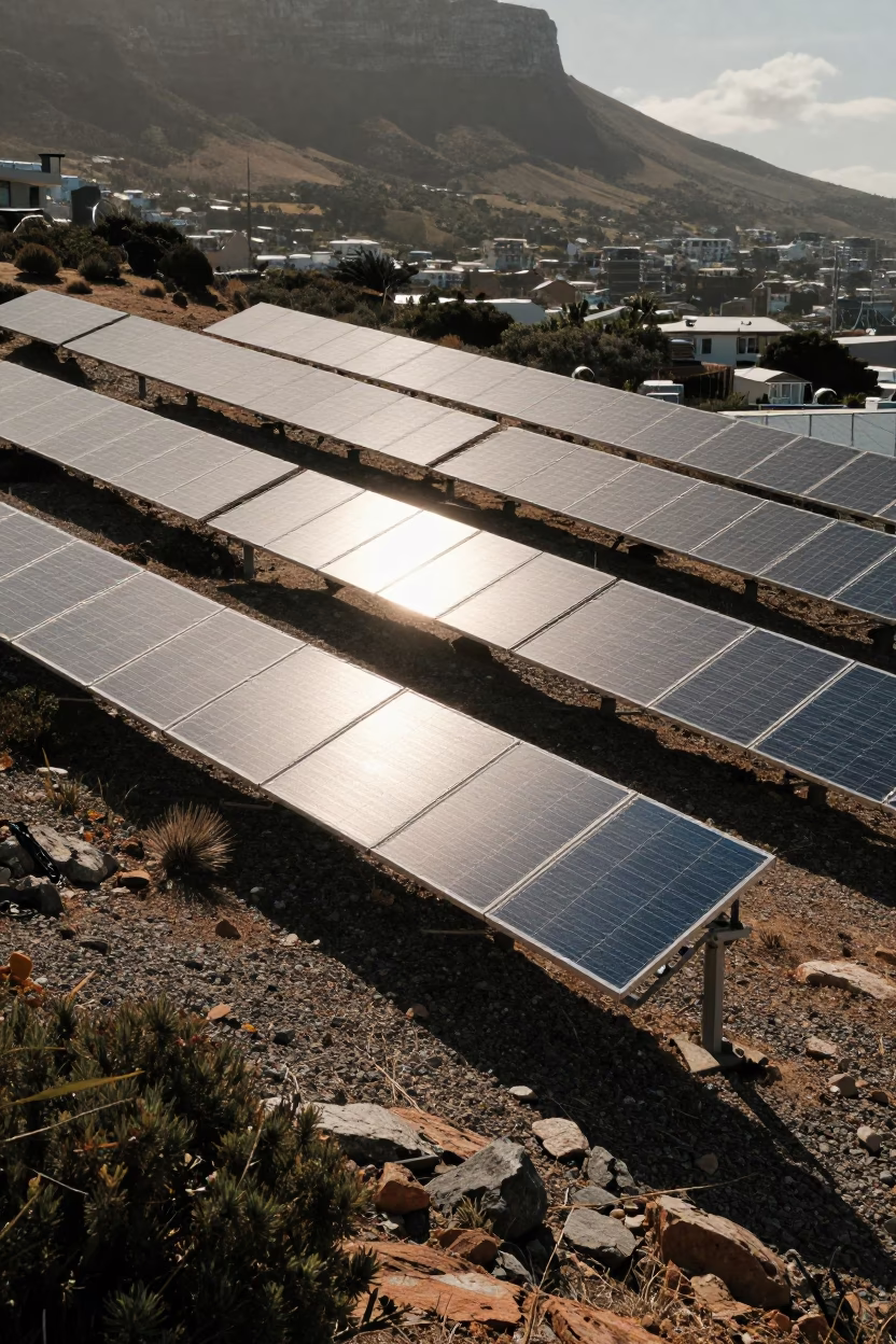 Cape Town Late Afternoon Solar Array Glinting Silver Over Gravel Scrubland Landscape in in Cape Town, South Africa