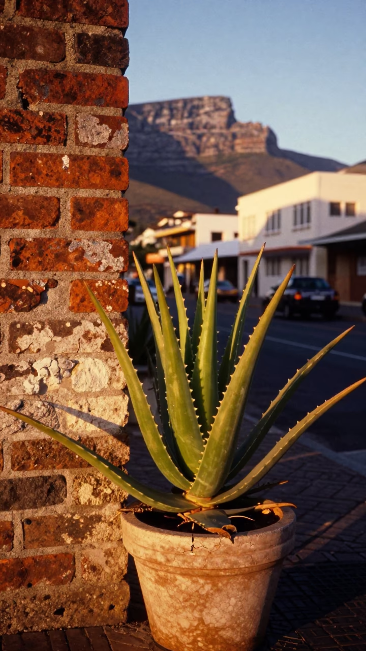 Cape Town Late Afternoon Street Scene with Aloe Plant and Steel Bucket in in Cape Town, South Africa