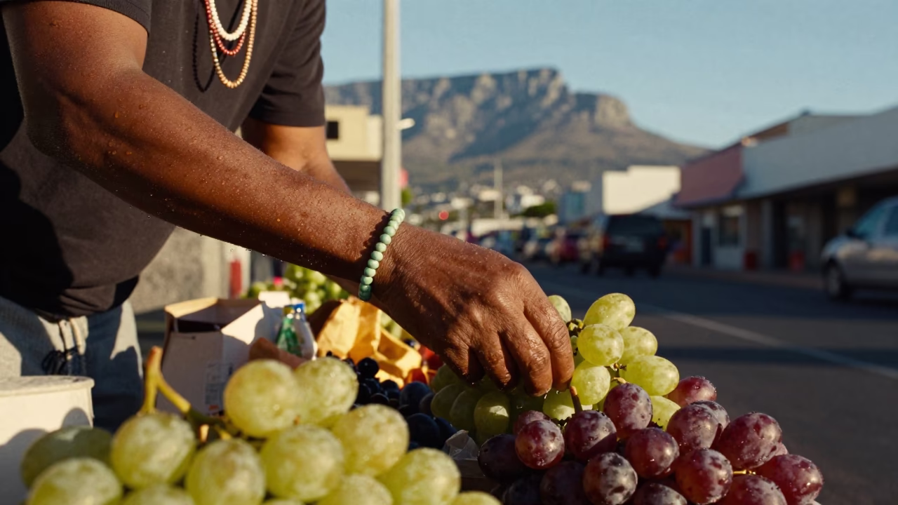 Cape Town Late Afternoon Street Scene with Beaded Jewelry and Water Droplets on Fruit in in Cape Town, South Africa