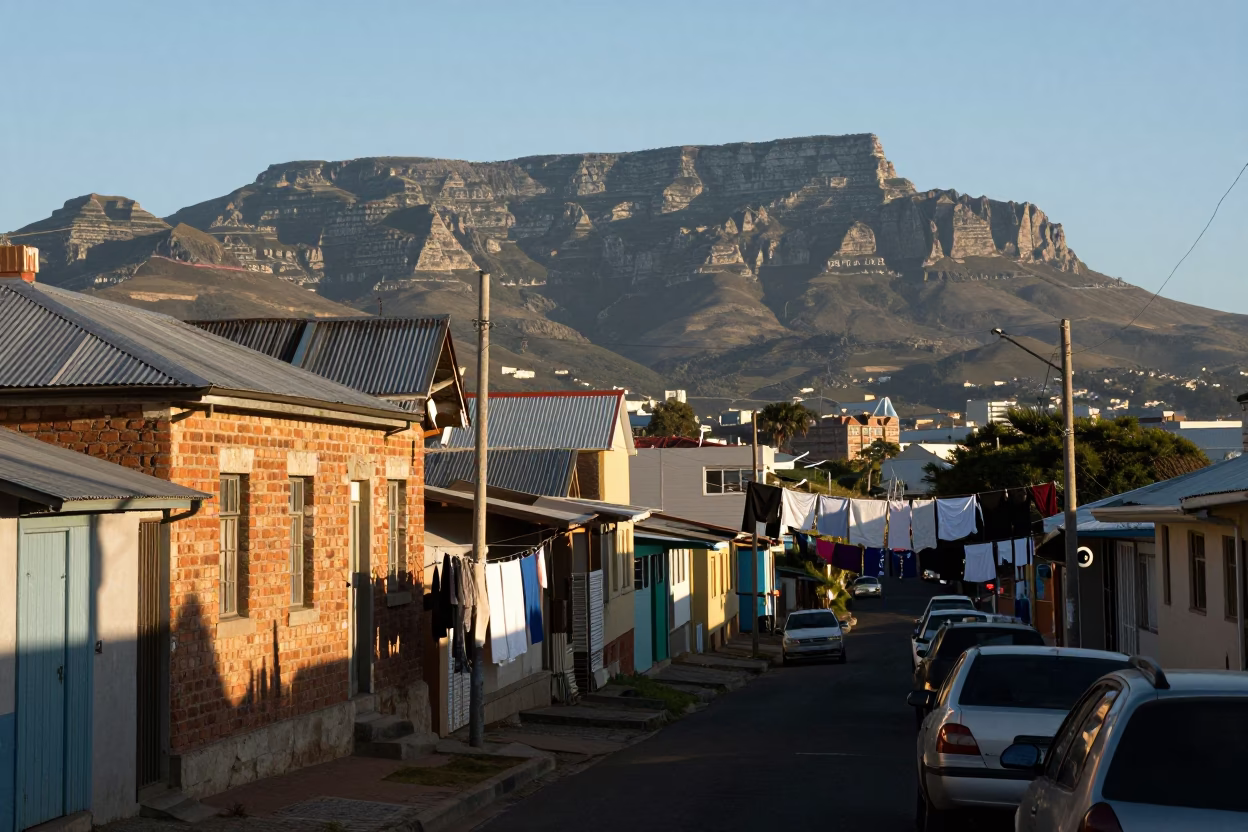 Cape Town Late Afternoon Street Scene with Laundry Lines and Eucalyptus Trees in in Cape Town, South Africa