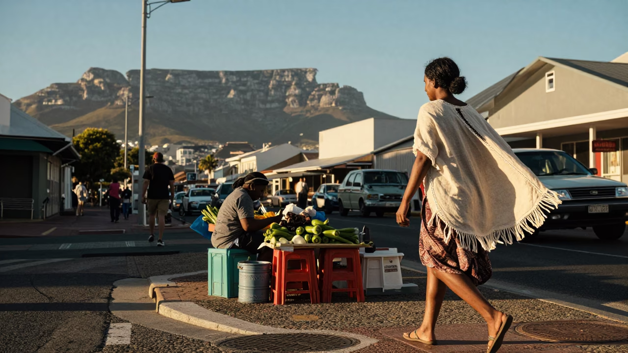 Cape Town late afternoon street scene with linen fringe detail and local market ambiance in in Cape Town, South Africa