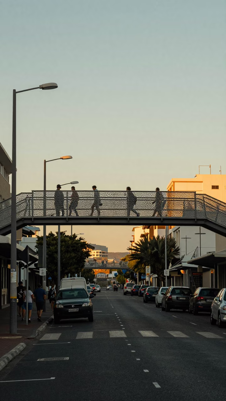 Cape Town Late Afternoon Street Scene with Pedestrian Overpass and Wet Footsteps in in Cape Town, South Africa