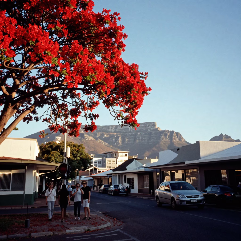 Cape Town Late Afternoon Street Scene with Red Flame Tree Bloom and Pedestrian Overpass in in Cape Town, South Africa