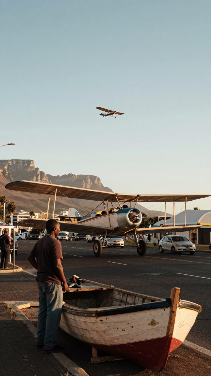 Cape Town Late Afternoon Street Scene with Vintage Biplane Flying Over Field in in Cape Town, South Africa