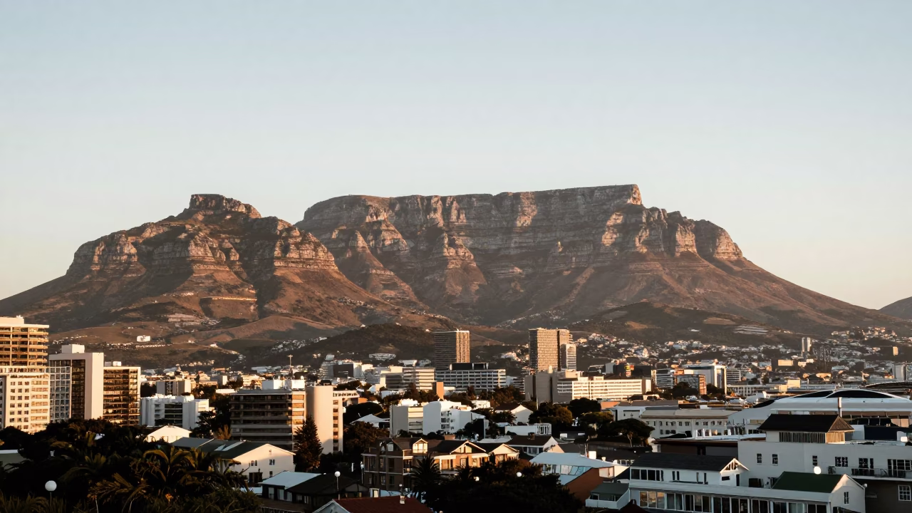 Cape Town Late Afternoon View of Table Mountain and Harbour with Vintage Sailboat in in Cape Town, South Africa
