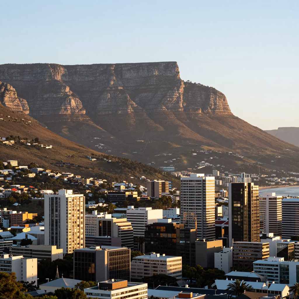 Cape Town Late Morning Cityscape with Table Mountain and Coastal Road in in Cape Town, South Africa
