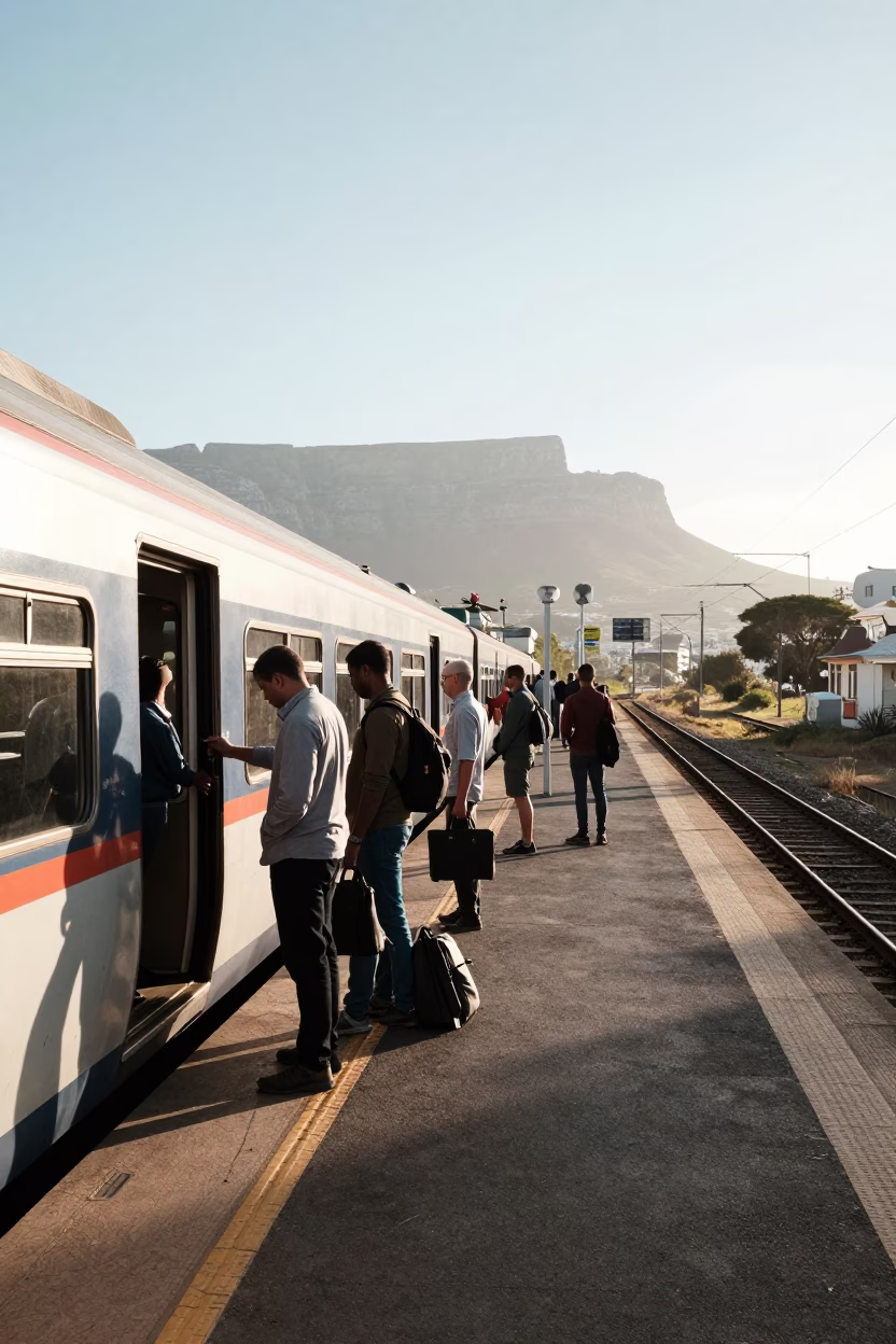 Cape Town Late Morning Commuter Train Platform Scene with Local Travelers in in Cape Town, South Africa