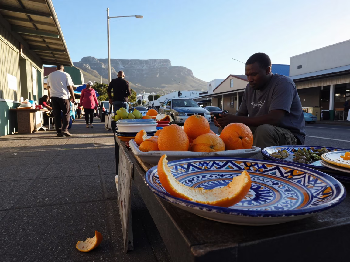Cape Town late morning street scene with local market goods and iron hardware details in in Cape Town, South Africa