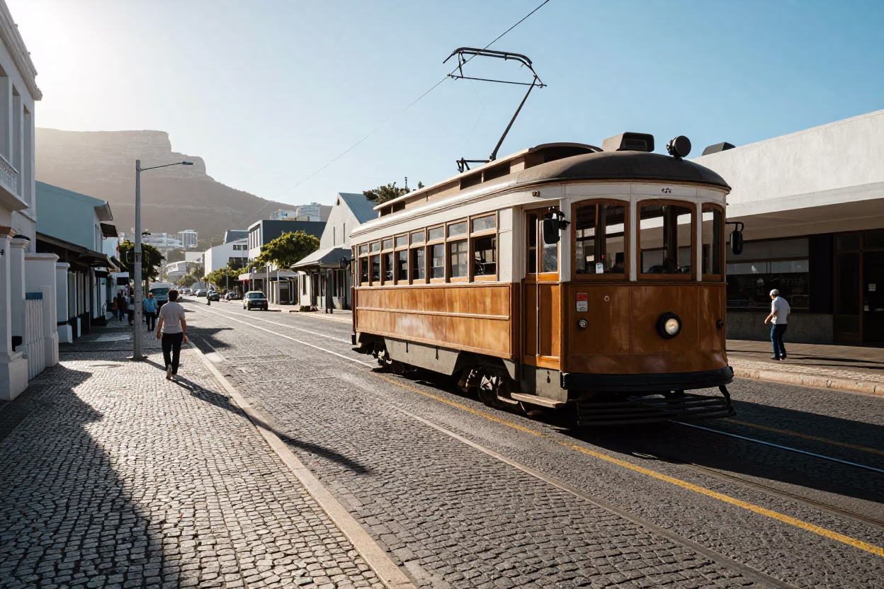 Cape Town Late Morning Street Scene with Vintage Tram and Cobblestone Avenue in in Cape Town, South Africa