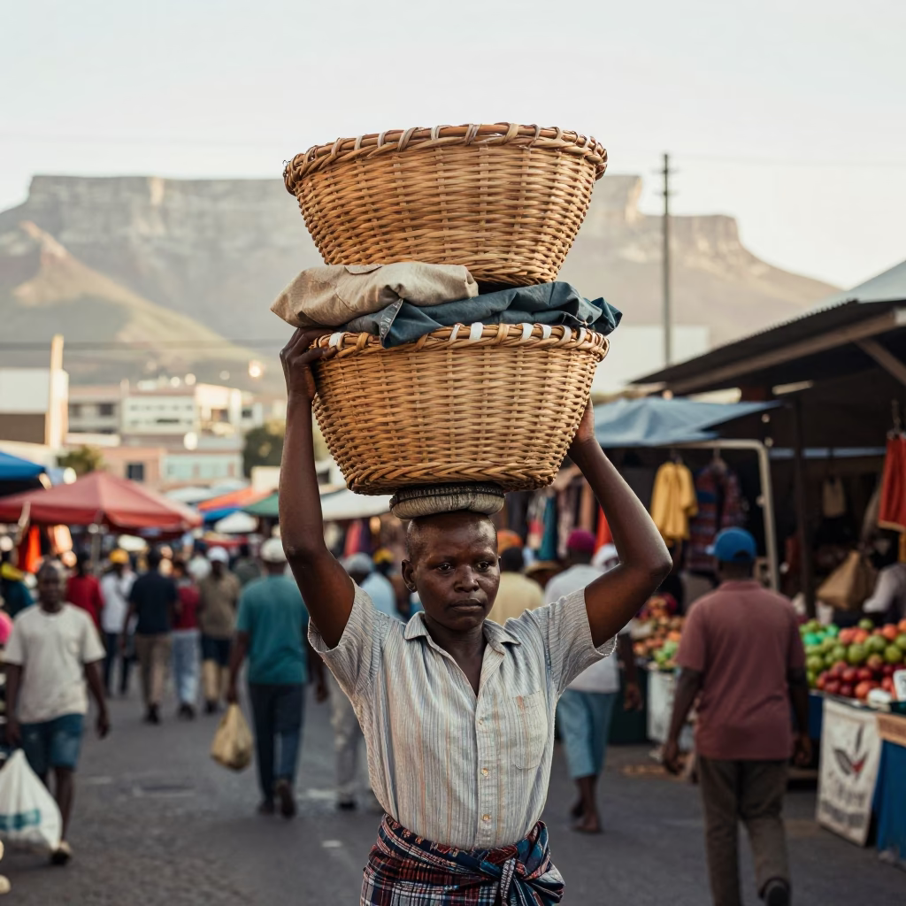 Cape Town Market Porter Carrying Baskets on Head in Late Morning Light in in Cape Town, South Africa