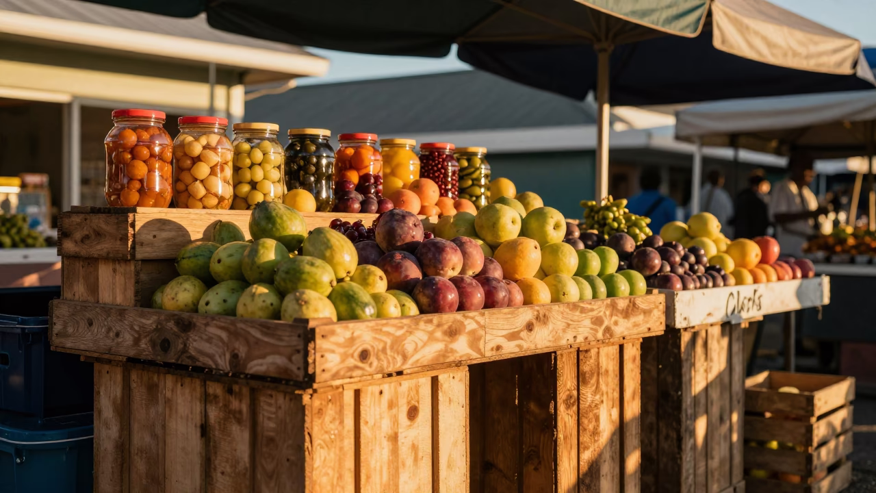 Cape Town Market Stall with Fruit and Pickle Jars in Evening Light in in Cape Town, South Africa
