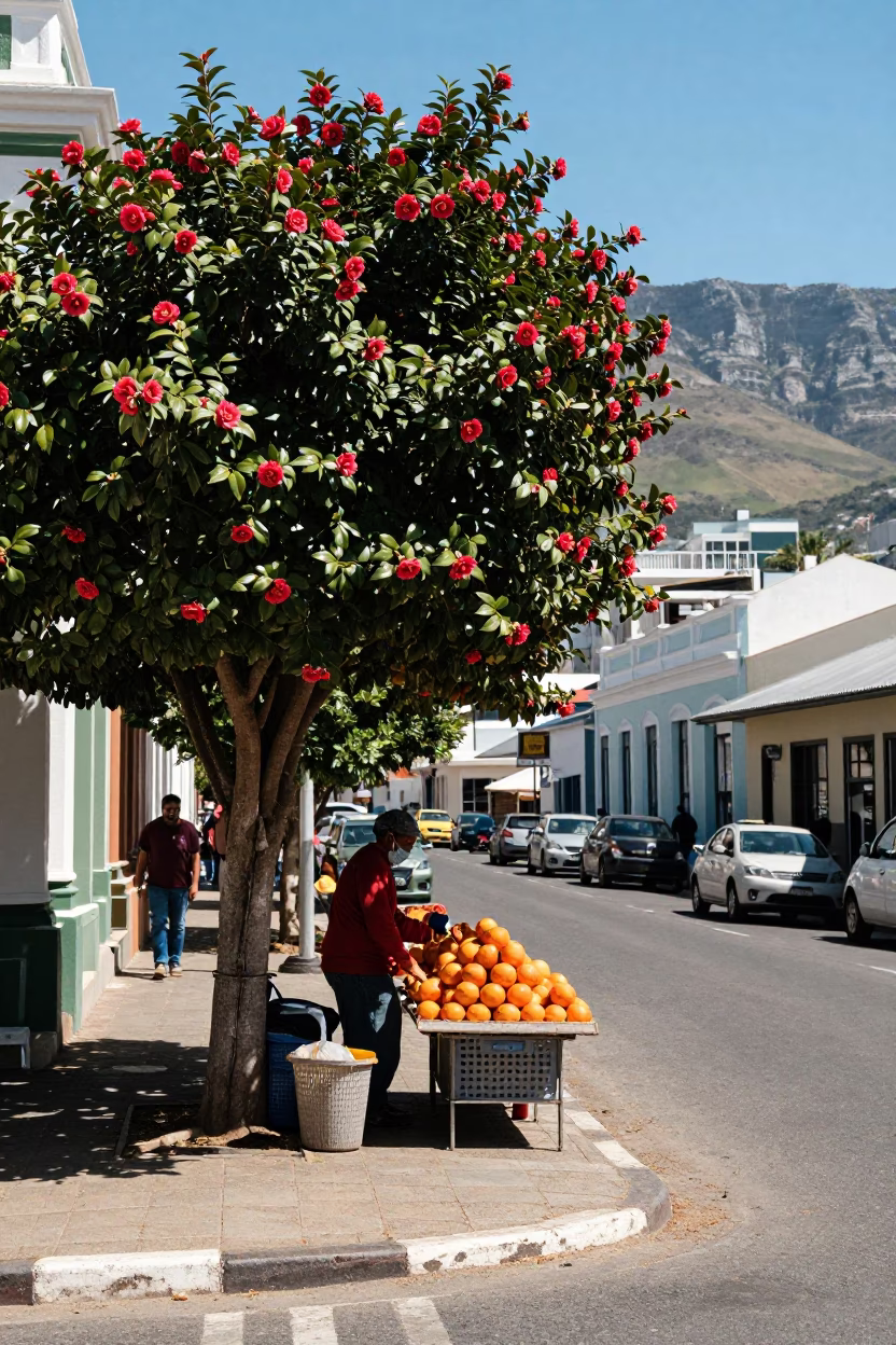 Cape Town midday street scene with camellia blooms and local market interaction in in Cape Town, South Africa