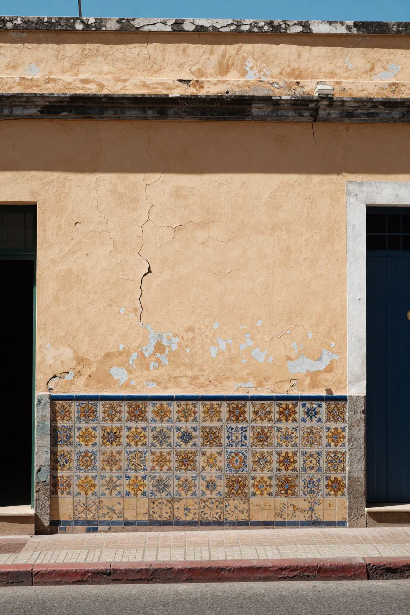 Cape Town Midday Street Scene with Cracked Stucco and Ceramic Tiles in in Cape Town, South Africa