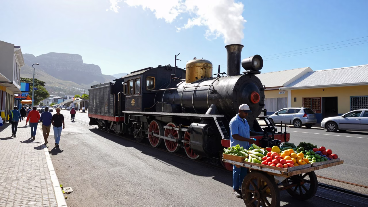 Cape Town Midmorning Street Scene with Vintage Locomotive and Local Market Activity in in Cape Town, South Africa