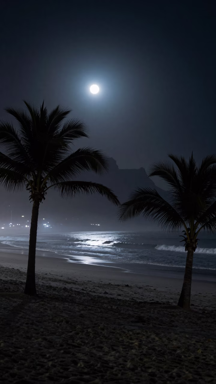 Cape Town Moonlit Beach Palm Silhouettes in along a dark shoreline with tidal glow near Cape Town