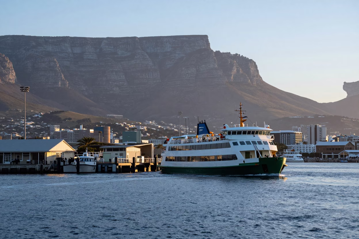 Cape Town Morning Harbor Scene with Ferry Departing Table Mountain Before Sunrise in in Cape Town, South Africa