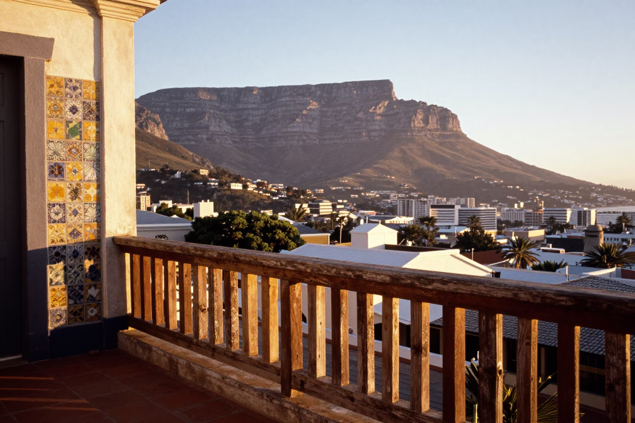 Cape Town Morning Light Illuminating Colorful Ceramic Tiles on Traditional Balcony in in Cape Town, South Africa