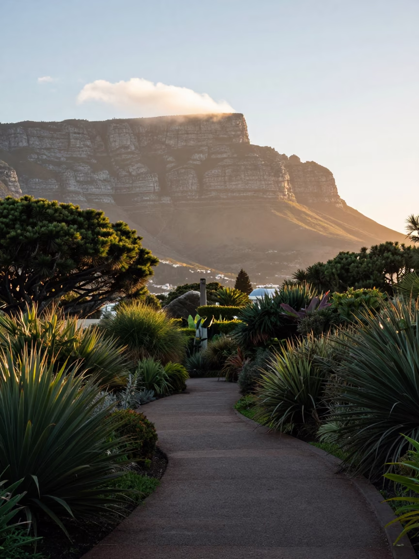 Cape Town Morning Light on Table Mountain and Kirstenbosch Garden Path in in Cape Town, South Africa