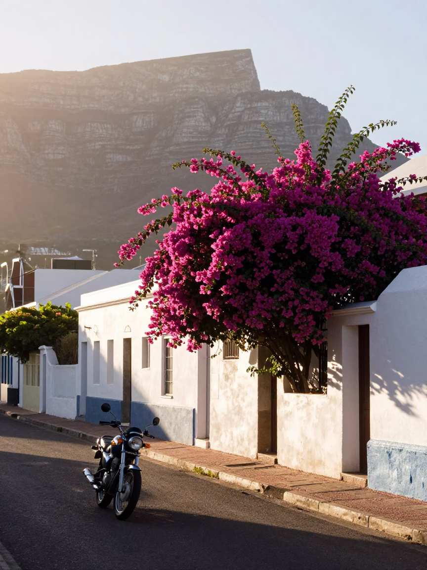 Cape Town Morning Street Scene with Bougainvillea and Vintage Motorcycle at Sunrise in in Cape Town, South Africa