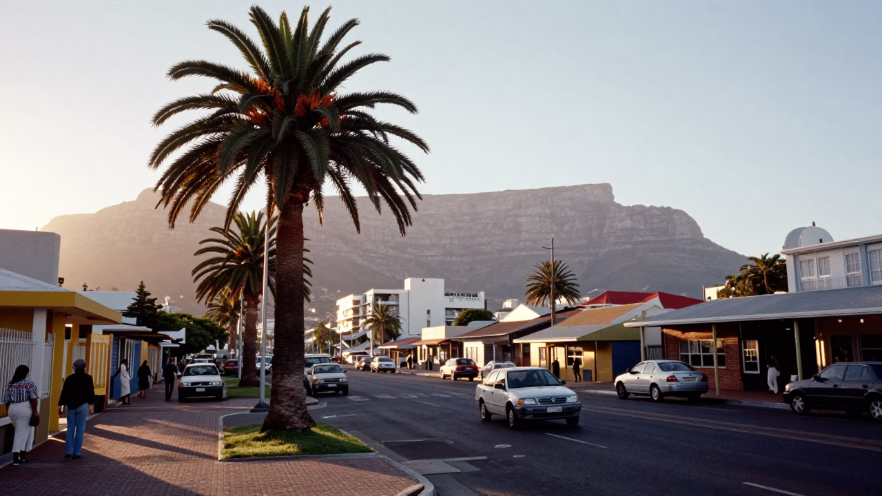 Cape Town Morning Street Scene with Palm Trees and Local Life in in Cape Town, South Africa